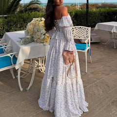 Aiertu - Fashion Long Sleeved Backless Princess Dress New Summer Floral Print Robe Dress Sexy Off Shoulder Pleated Women Party Dress Aiertu