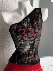 Aiertu - Streetwear One Shoulder Summer Tanks Y2k Aesthetic Women Vintage Slim Fit Tank Top Harajuku Casual Grunge Printing Crop Vest Aiertu