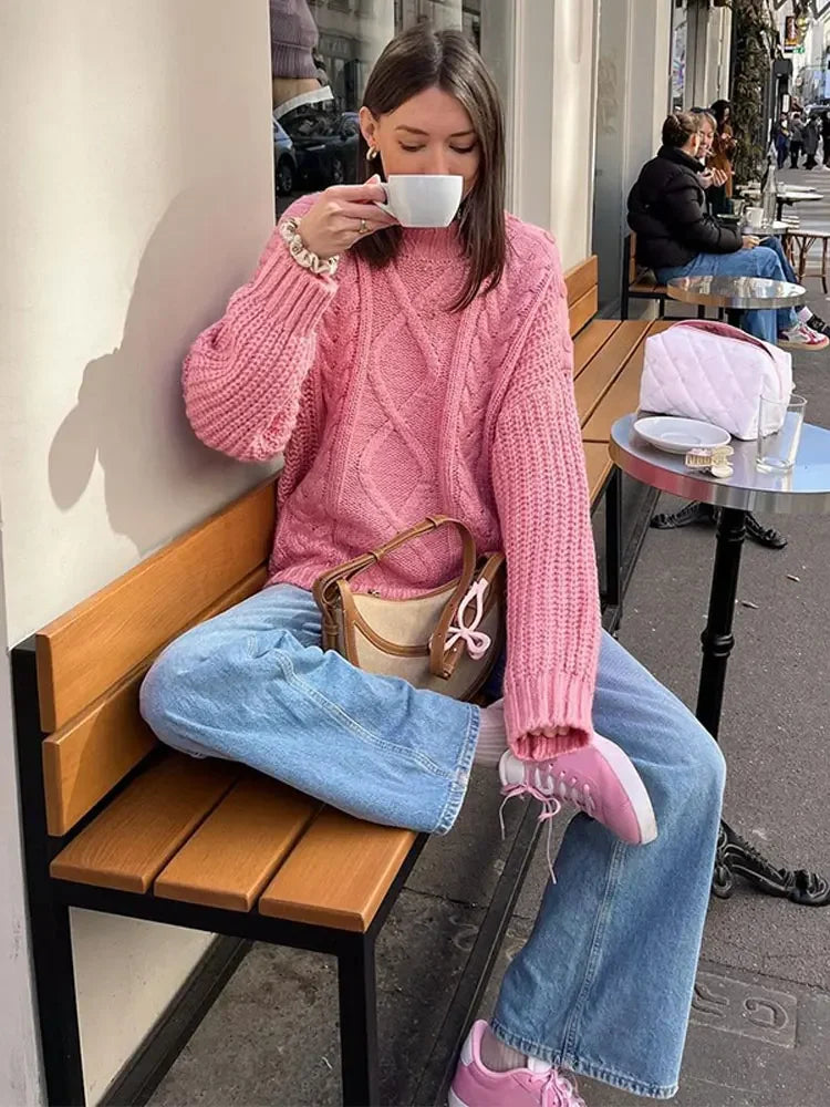 Aiertu - Warm Twist Thick Knitted Sweater Women Fashion Long Sleeve Pullover Autumn Winter Chic Solid Femme Knitwear Soft Knitwear Tops Aiertu