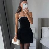 Aiertu Pearl 3D Flower Decor Black Velvet Mini Dress Women Sexy Sleeveless High Waist Slim Dresses 2025 Spring Square Collar Party Gown Aiertu