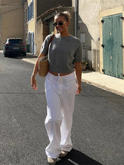 Aiertu - Chic Gray Short Sleeve Pullovers For Women Elegant Round Neck Slim Sweaters Female Vacation Beach Party Lady Chic Street Tops Aiertu