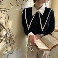 Aiertu Vintage Elegant Shirts Women Chiffon Patchwork Ruffle Turn Down Collar Long Sleeve Blouse Korean Office Lady Loose Tops Aiertu