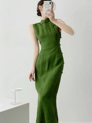 Aiertu - vintage natural literature art dress chinese style daily improved leisure qipao sexy sleeveless waist cinching slit qipao Aiertu