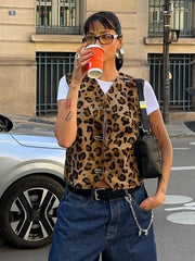 Aiertu - Woman Clothing Fashion Leopard Print Vest Sexy V-neck Sleeveless Cardigan Tops Streetwear 2026 Autumn Female Casual Tank Tops Aiertu