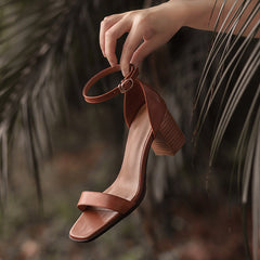 Aiertu - Women's genuine leather thick high heel open toe summer ankle strap sandals retro elegant ladies OL style casual female shoes Aiertu