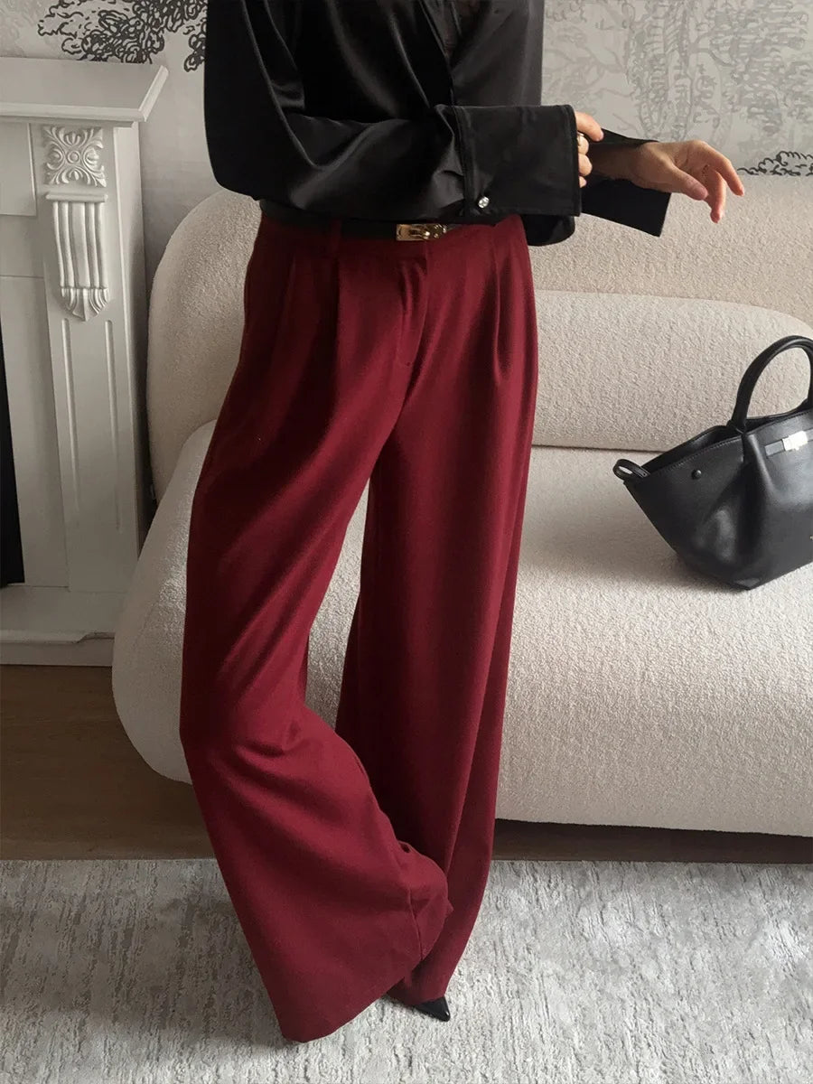 Aiertu - Burgundy Wide Leg Pants Women's Pocket Pleated Trousers Fashionable High Waisted Casual Loose Pants Spring Summer New Aiertu