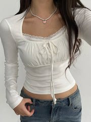 Aiertu - summer inspo Ruched Tie Lace Trim Square Collar Slim Long Sleeve White Y2K T Shirt Women Cute Japanese Kawaii Clothing Aiertu