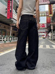 Aiertu - Grunge Black Jeans Women Y2k Vintage Oversized High Street Wide Cargo Denim Trousers Casual Baggy Straight Denim Pants Aiertu