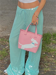 Aiertu Loose Solid Color Sequin Pants Woman Cinched Waist Glitter Straight Baggy Long Pants Casual Street Chic Sparkle Women's Trousers Aiertu
