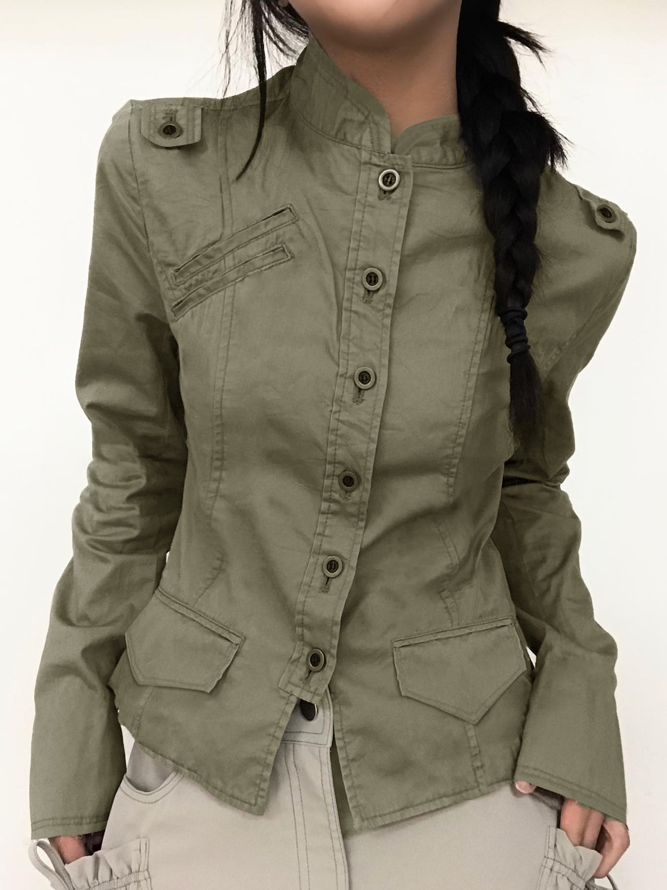 Aiertu - summer inspo Retro Green Slim Cargo Jackets Women Button Up Stand Collar Long Sleeve Autumn Korean New Fashion Outwear Aiertu