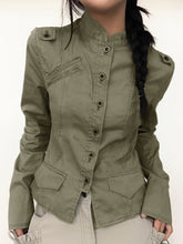 Aiertu - summer inspo Retro Green Slim Cargo Jackets Women Button Up Stand Collar Long Sleeve Autumn Korean New Fashion Outwear Aiertu