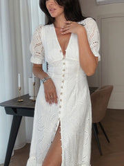 Aiertu Elegant Hollow Out Dress For Women White V-neck Single Breasted Short Sleeve Female Dresses 2025 Summer Slim Fashion Lady Robe Aiertu