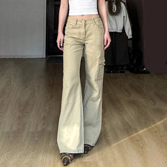 Aiertu - Y2K Casual Women Straight Jeans Khaki Fashion Pocket Cargo Pants Retro 90s Loose Denim Trousers Spring High Street Aiertu