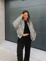 Aiertu - Spring Silver Sequins Shiny Bomber Jackets Women Sparkling Sequin Long Sleeve O Neck Coats 2025 New Female Streetwear Outwear Aiertu