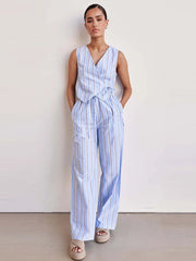 Aiertu - Fashion Striped Long Pants Set Lady V-neck Sleeveless Cross Lace Up Vest Top Loose Straight Trousers 2 Piece Sets Women Outfit Aiertu