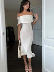 Aiertu - Solid Color One Collar Knitted Long Dress Women Off Shoulder Curled Bodycon Maxi Dress Lady Fashion High Street Party Robes Aiertu