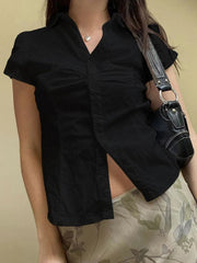 Aiertu - Y2k Aesthetic Pleated Puff Sleeve Women Blouse Sexy Single Breasted Slim Grunge Solid Shirt Harajuku Crop Streetwear Blusas Aiertu