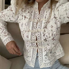 Aiertu - Long Sleeve Lace Elegant Shirt Women Top Autumn Stand Collar Single-breasted Slim Temperament See Through Shirts Aiertu