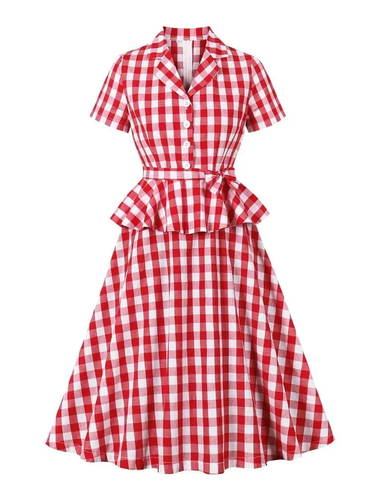Aiertu - party look snspos 2025 New Vintage Elegant Red Gingham Cotton Midi Dresses for Women Notched Collar Buttons Belted 1950s Retro Plaid Peplum Dress Aiertu