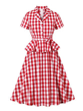 Aiertu - party look snspos 2025 New Vintage Elegant Red Gingham Cotton Midi Dresses for Women Notched Collar Buttons Belted 1950s Retro Plaid Peplum Dress Aiertu