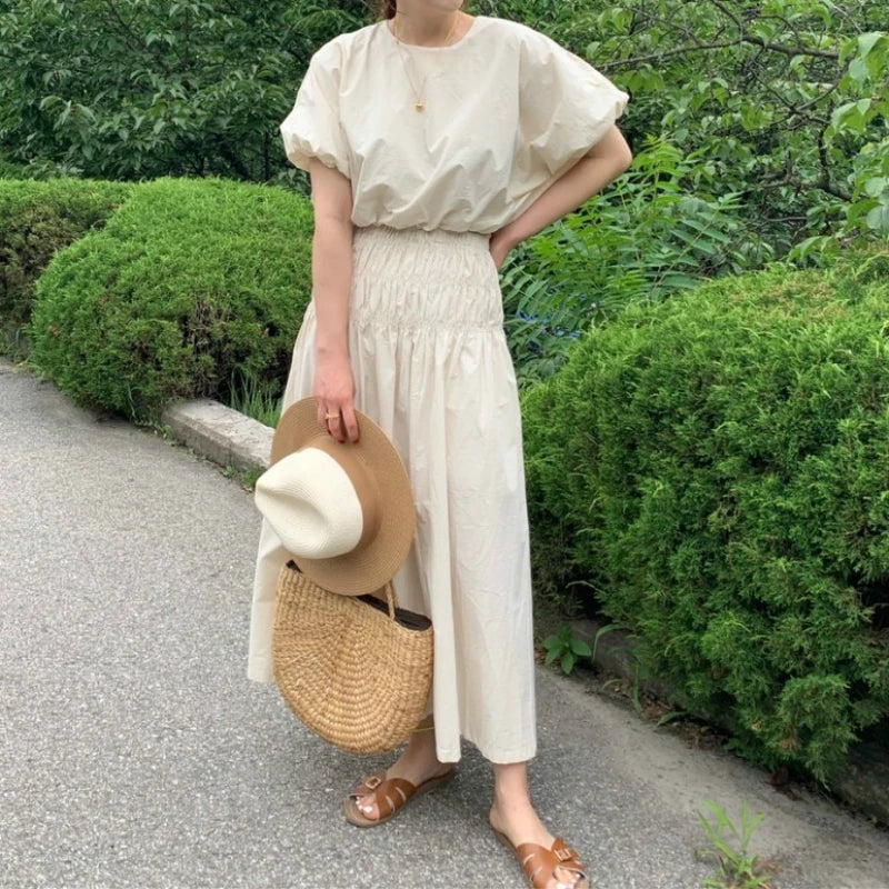Aiertu New Women Summer Vintage 2 Two Pieces Skirt Set Puff Sleeve Crop Top with Elastic High Waist Long Skirts Aiertu