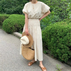 Aiertu New Women Summer Vintage 2 Two Pieces Skirt Set Puff Sleeve Crop Top with Elastic High Waist Long Skirts Aiertu