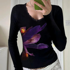 Aiertu - Y2K Long Sleeve T-shirt Floral Print Elegant Women Fitted Cropped Top Spring Fashion Vintage Street Tee Shirt Outfits Aiertu