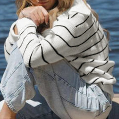 Aiertu - cold weather outfits Women Casual Striped Sweater Turndown Collar Zipper Knitted Long Sleeve Jumper Fashion Ladies Minimalism Knitwear Top Aiertu