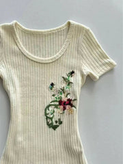 Aiertu - Sweet Knitted Harajuku Flower Embroidery T-shirts Vintage Bodycon Grunge Fairy Tops Women 2025 Summer Y2k Aesthetic Apricot Tees Aiertu