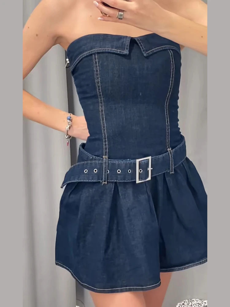 Aiertu - Sexy Women's Denim Mini Dress Adjustable Belt Strapless Ruffle Hem Dresses Lady Summer New Casual Party Club Wear 2025 Aiertu