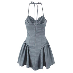 Aiertu - Sexy Backless Gray Striped Halter Mini Dress Women Front Button Low Waist Fit And Flare Slim Dress Summer Robe New 2025 Aiertu
