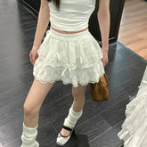 Aiertu Coquette White Lace Short Skirt Ruffle Women Sweet Bow Kawaii Mini Skirts Patchwork Layered A-line Aesthetics Skirt Aiertu