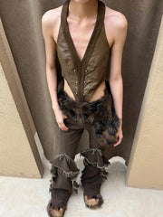 Aiertu - Western Punk Studded Women Flare Jeans Retro Brown Raw Edge Ruffle HemHigh Riuse Bootcut Pants Bell Bottoms Streetwear Aiertu