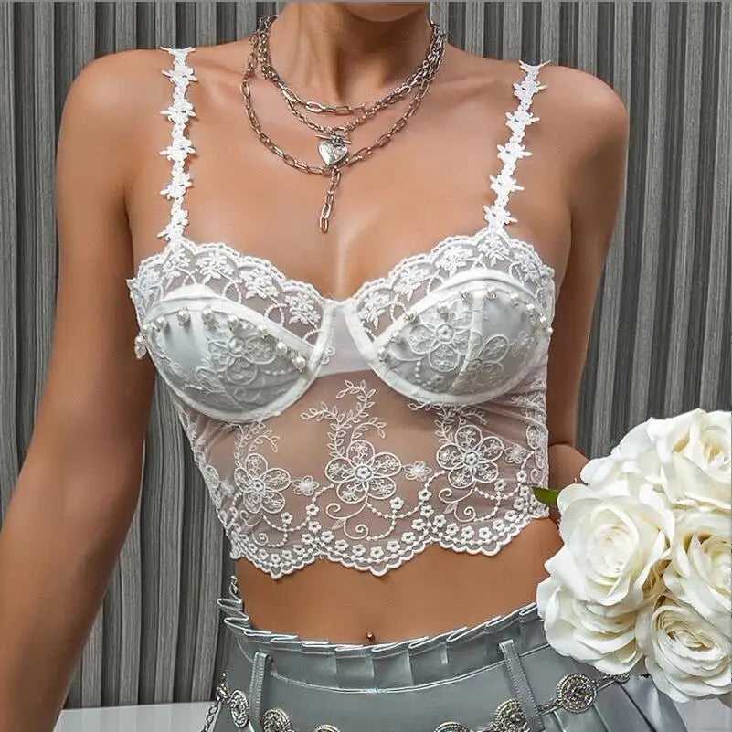 Aiertu - party look snspos Women's Lace sexy flower embroidery Corset Fish Bone Chest Flower Pearl design Bra Women Strapless Lace Top Wrapped Chest Aiertu