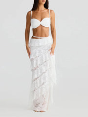 Aiertu - Hollow Out Knitted Twist Tank Skirt Set Women Backless Strap Corset Stacked Ruffled Skirts Suit 2025 Summer Beach Lady Outfits Aiertu