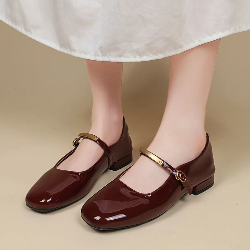 Aiertu - Shallow single shoes women 2025 summer new red patent leather evening style square head low heel flat Mary Jane shoes Aiertu