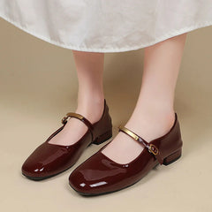 Aiertu - Shallow single shoes women 2025 summer new red patent leather evening style square head low heel flat Mary Jane shoes Aiertu