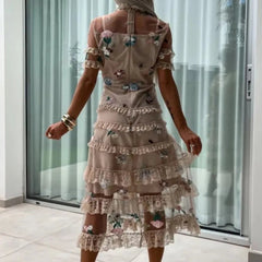 Aiertu - Summer Sexy Mesh Lace Patchwork Party Dress 2026 Women Elegant Flower Embroidery Evening Dress Fashion Half High Neck Long Dress Aiertu