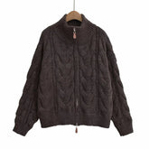 Aiertu - casual winter outfits Women Coffee Knitted Yarn Twist Cardigan Women Autumn Winter Stand Collar Zipper Thick Sweater Female Retro Tops Aiertu