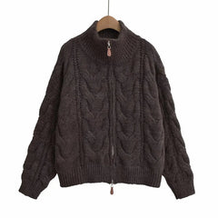 Aiertu - casual winter outfits Women Coffee Knitted Yarn Twist Cardigan Women Autumn Winter Stand Collar Zipper Thick Sweater Female Retro Tops Aiertu