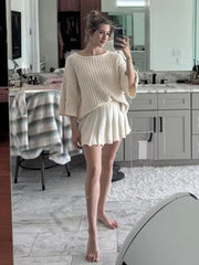 Aiertu - Knitted Mini Skirts Set Women 2 Pieces Flare Sleeve Sweater A-line Skirt Pleated Elegant New Lady All-matching Outfit Spring Aiertu
