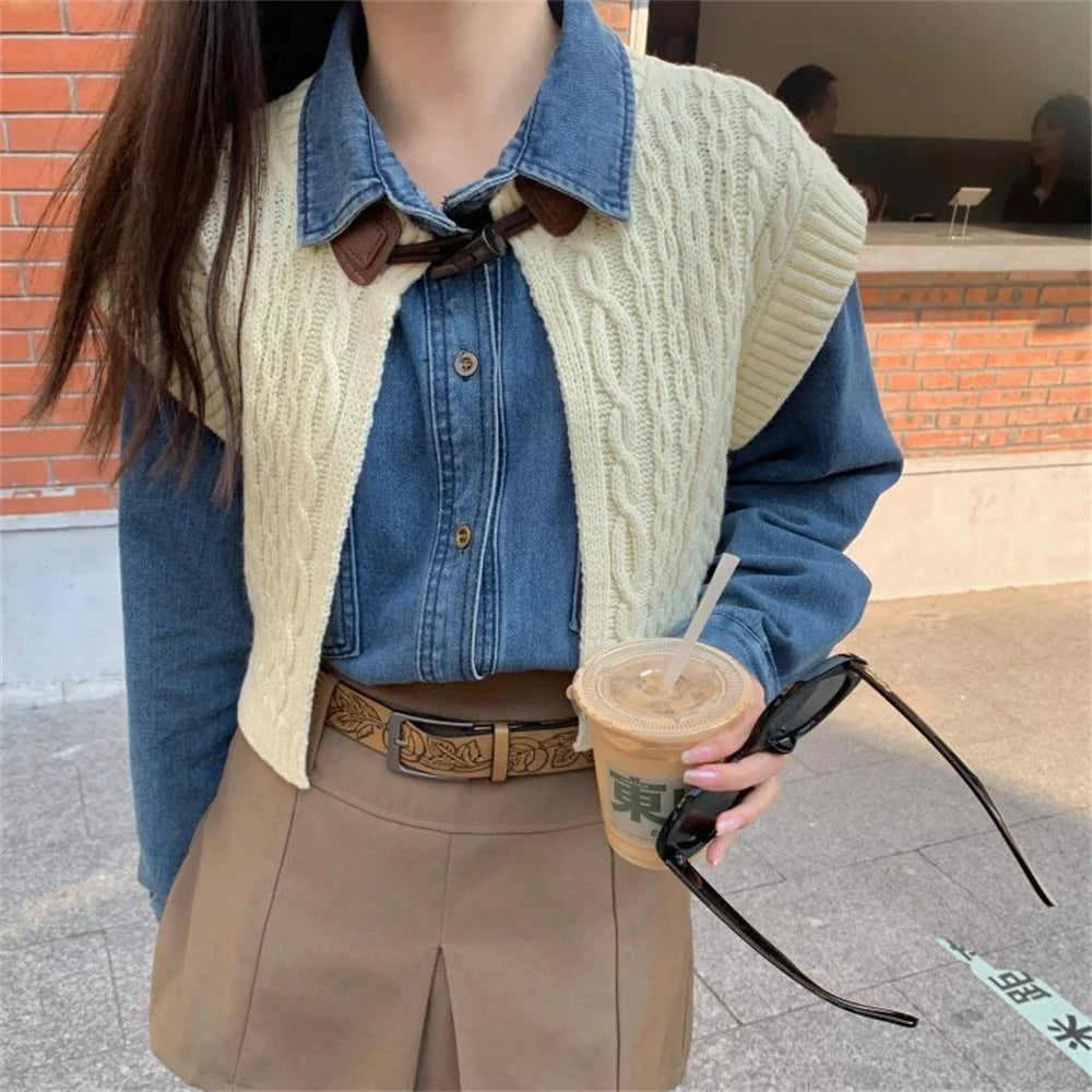 Aiertu - High Street Vintage Denim Shirts With Knitted Cardigans Vest Spring 2026 Loose Chic New Slim Casual Daily Office Lady Aiertu