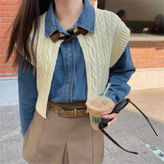 Aiertu - High Street Vintage Denim Shirts With Knitted Cardigans Vest Spring 2026 Loose Chic New Slim Casual Daily Office Lady Aiertu