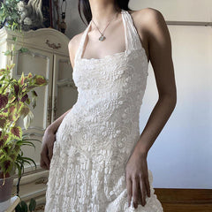 Aiertu - White Floral Lace Halter Maxi Dress Aiertu