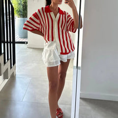 Aiertu - Red Striped Crochet Blouse Women Summer New Single Breasted Lapel Collar Hollow Out Blouses Streetwear Casual Short Sleeve Shirt Aiertu