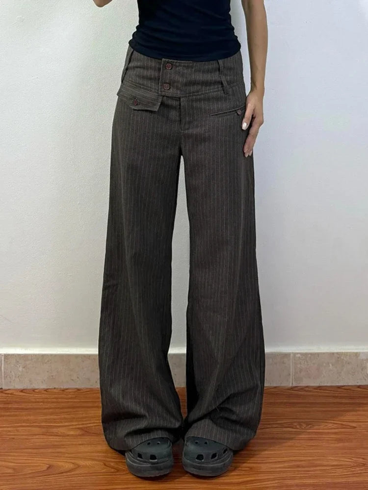 Aiertu - Elegant Vintage Striped Straight Pants Women American Retro Office Ladie Casual Loose Patchwork Wide Leg Pants 2025 Y2k Aiertu
