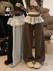 Aiertu Lace Patchwork Sweet Pants Women Korean Fashion High Waist Loose Trousers Casual Design Lady Lace Up Spring Wide Leg Pants Aiertu