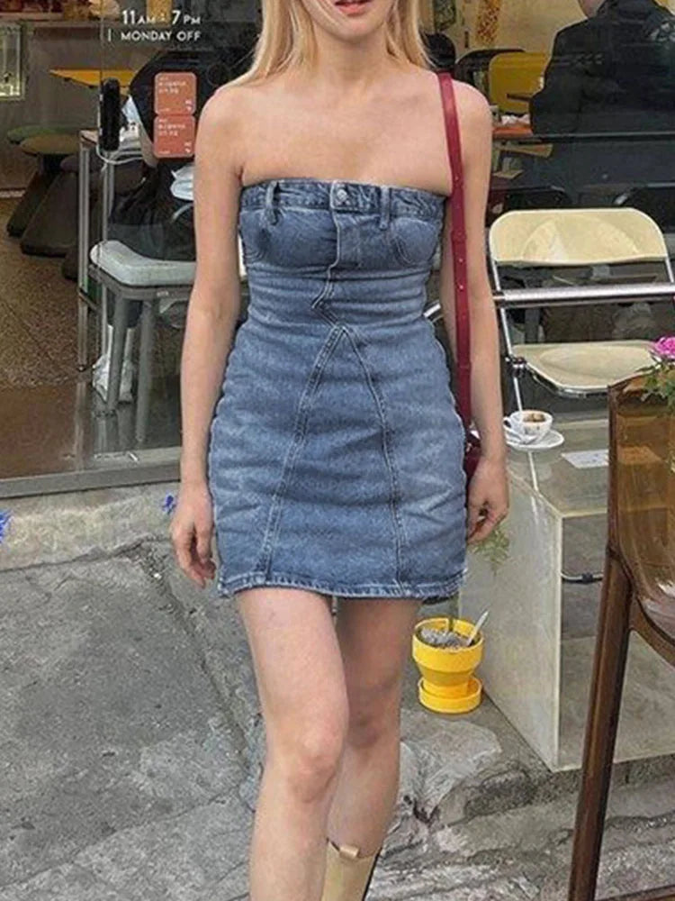 Aiertu - Slim Denim Mini Dress For Women Bodycon Sleeveless Sexy Dresses Femme Summer Casual Street Backless Dress Woman Aiertu