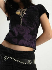Aiertu - Y2k Aesthetic Summer T-shirts Harajuku Sexy Star Print Vintage Slim Fit Button Crop Tops Women Streetwear Grunge Casual Tees Aiertu