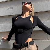 Aiertu - Long Sleeve Bodysuit Hollow Out Top Women Button Up Gray T Shirt Autumn Winter Body Solid 90s Streetwear Skinny Black Bodysuits Aiertu